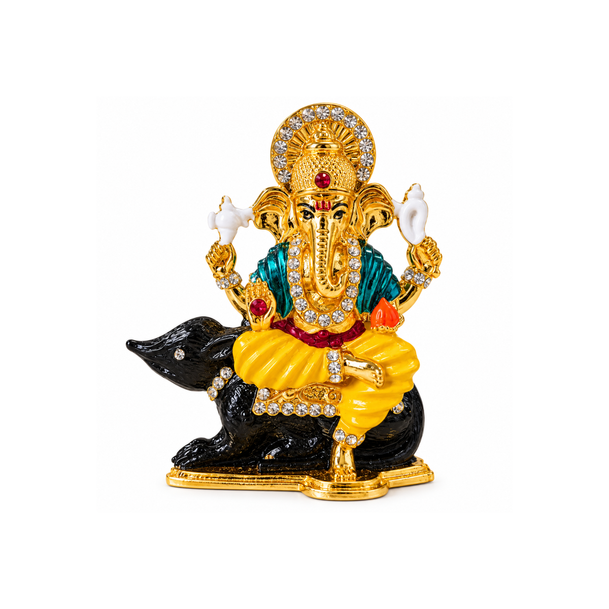 Metal Ganesh Ji Idol on Mouse with Crystal Stone Detailing, Decorative Hindu Ganesha Murti Statue for Car Dashboard