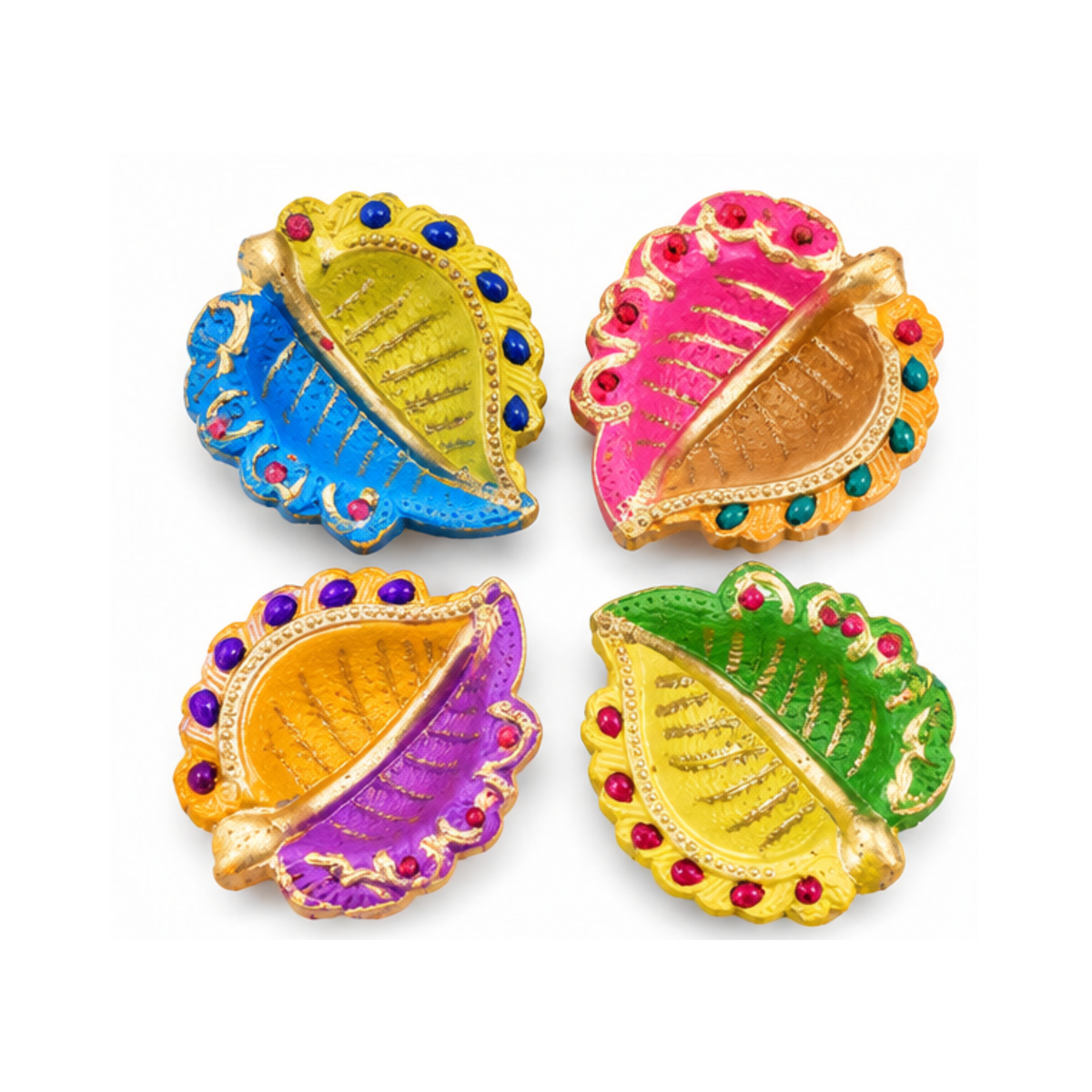 Handmade Clay Diya Set of 4 – Assorted Multicolour Decorative Oil Lamps