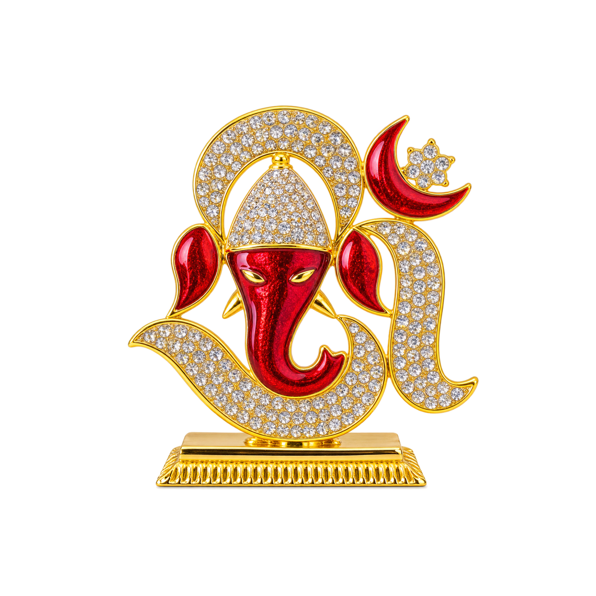 Ganesh Ji Decorative Idol with Om Design, Crystal Stone Detailing & Gold Colour Finish