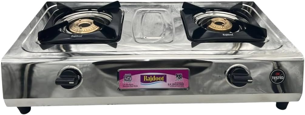 Gas Stove Stainless Steel Double Burner – Portable LPG Gas Cooker for Indoor Kitchen, Camping, Outdoor Cooking, Catering, and Food Stalls – Heavy Duty, Easy Clean, Compact Design