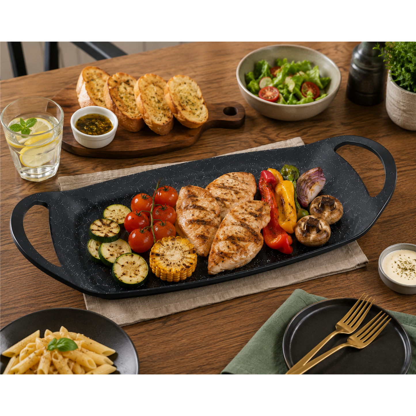 Non Stick Grill Plate 47cm White Dot Design Serving Tray with Handles