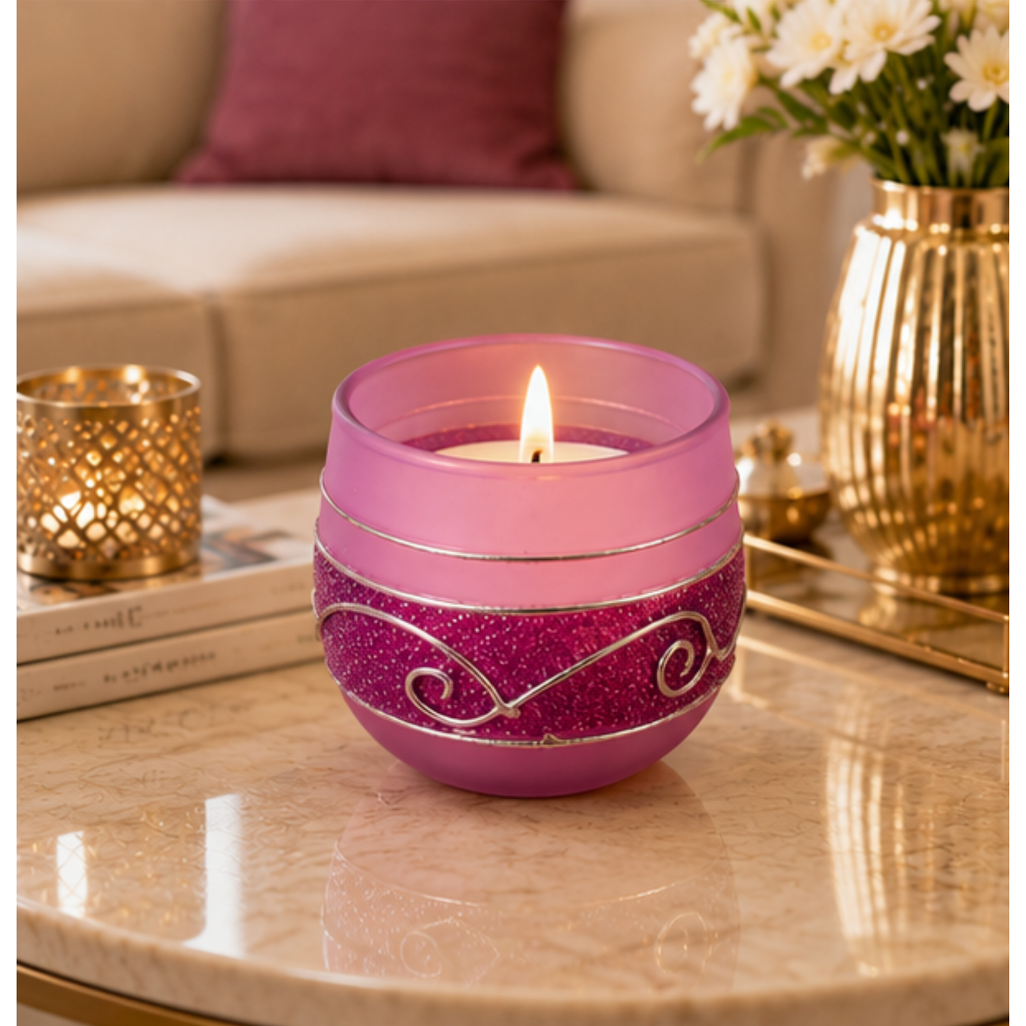 Decorative Blue Glass Wax Candle Diya, 7cm Round Festive Candle for Diwali