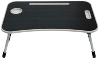 Folding Mini Table with Lock-Out Steel Legs, Foldable Laptop Table, Portable Lap Desk Bed Tray Stand with Cup Holder, Tablet Slot & Lift Handle for Work, Writing, Drawing – Black (60×40×27cm)