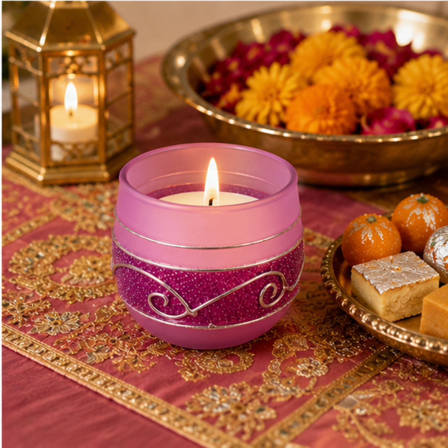 Decorative Blue Glass Wax Candle Diya, 7cm Round Festive Candle for Diwali