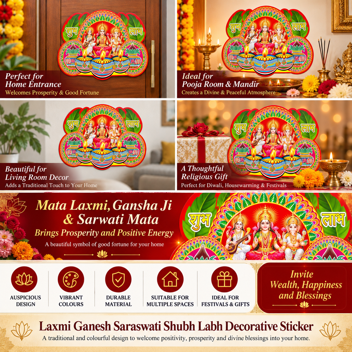 2 x Lakshmi Ganesh Saraswati Shubh Labh Diwali Stickers Door Wall 18x23.5cm