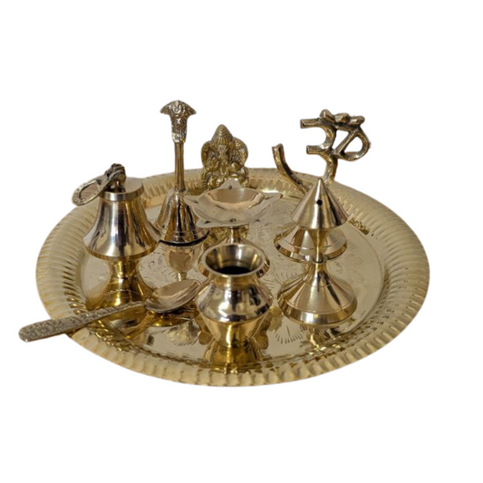 Brass Pooja Set 9 Items with Thali, Diwali & Daily Puja Rituals