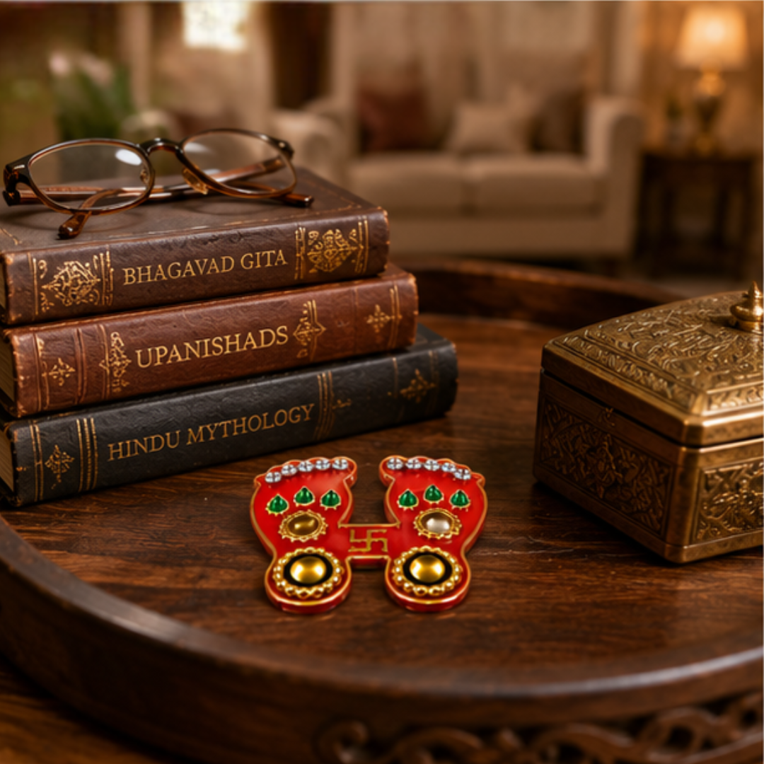 2 X Hindu Decorative Stickers Lakshmi Charan Paduka & Swastik Gold Finish Decor