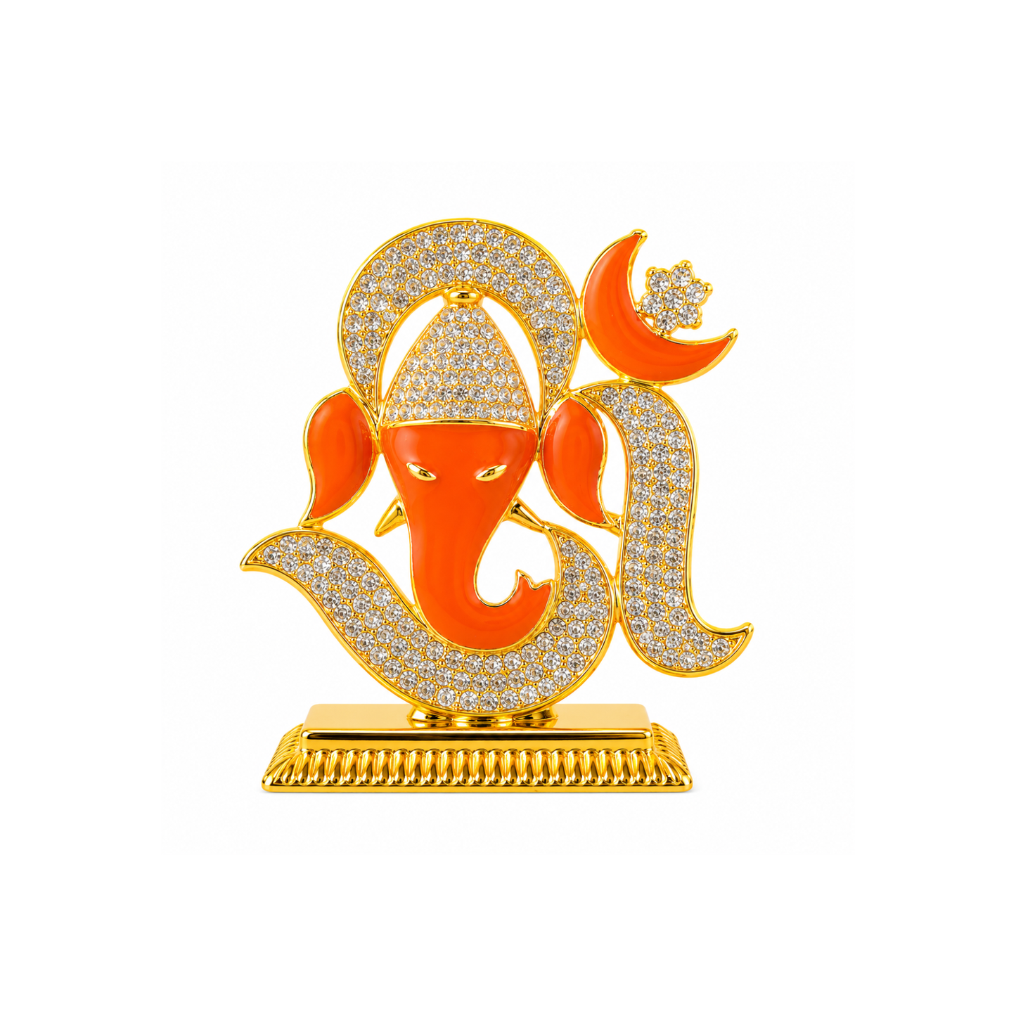 Ganesh Ji Decorative Idol with Om Design, Crystal Stone Detailing & Gold Colour Finish