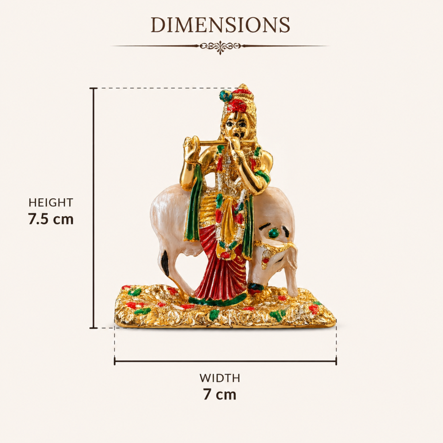 Krishna Statue with Cow Metal Golden Colour Idol Decorative Murti Size 7.5cm x 7