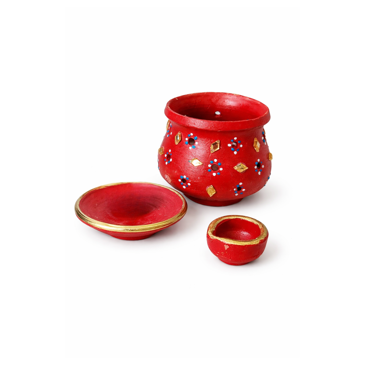 Clay Lota Kalash Garba Pot with Holes Lid & Diya Hand Painted Decorative - 12cm