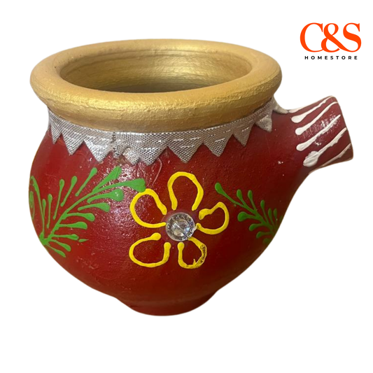 Karva Clay Pot Handmade Painted Floral Design Traditional Earthen Vessel