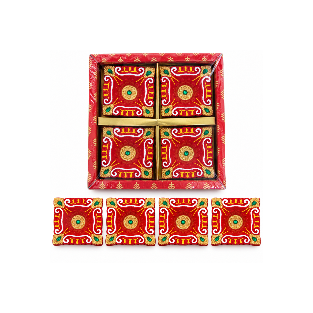 Handmade Clay Diya Set of 4 – Decorative Square Oil Lamps Approx. 7cm