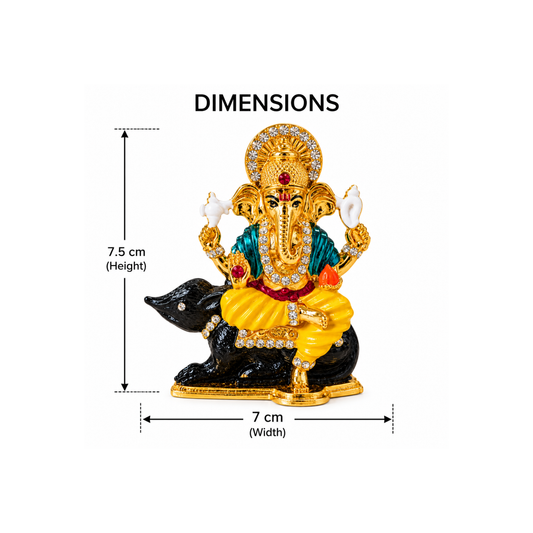 Metal Ganesh Ji Idol on Mouse with Crystal Stone Detailing, Decorative Hindu Ganesha Murti Statue for Car Dashboard