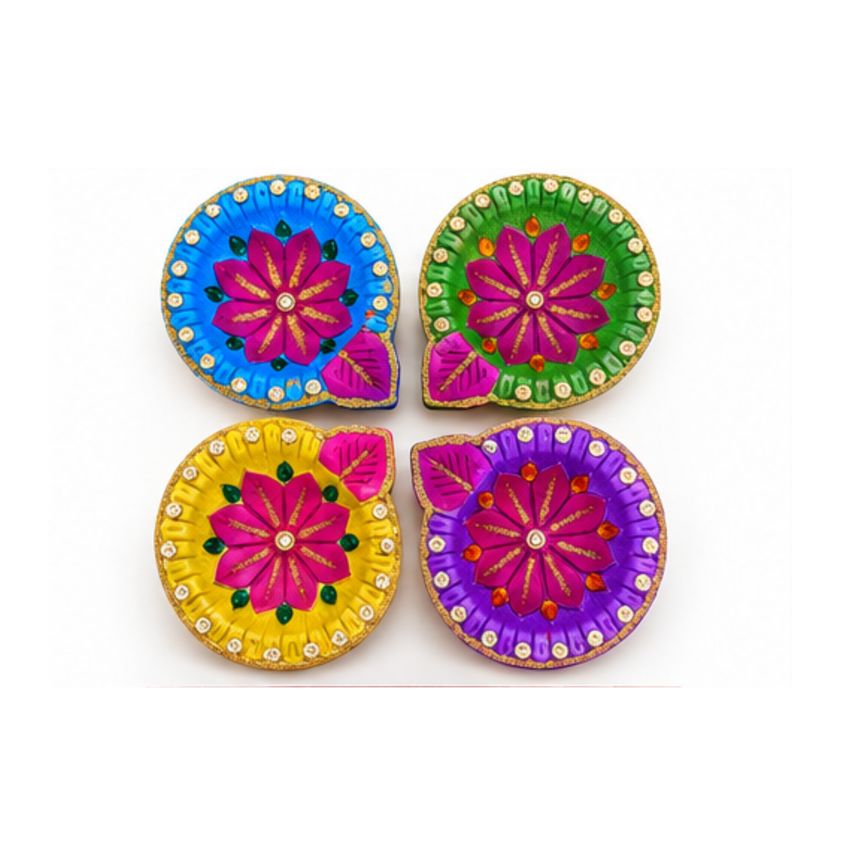 Handmade Clay Diya Set of 4 – Assorted Multicolour Decorative Oil Lamps