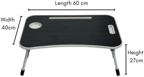 Folding Mini Table with Lock-Out Steel Legs, Foldable Laptop Table, Portable Lap Desk Bed Tray Stand with Cup Holder, Tablet Slot & Lift Handle for Work, Writing, Drawing – Black (60×40×27cm)