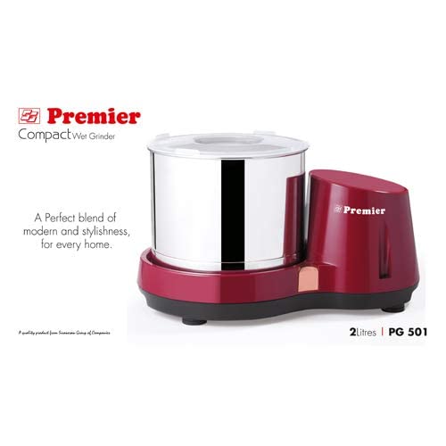 Premier Compact Wet Grinder PG 501 - 2L, 200 Watts, Gear-Driven Motor, 230V - Maroon