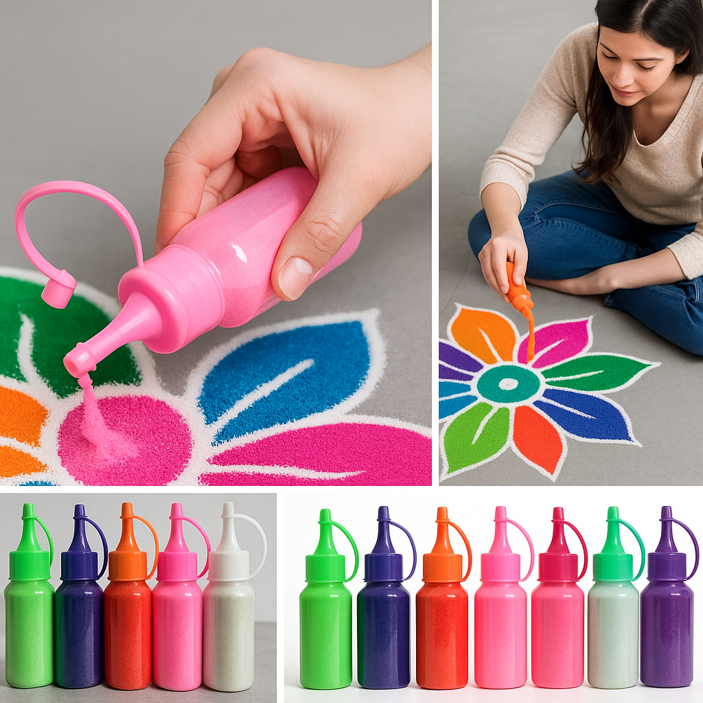 10 x Rangoli Colour Bottles Set – Multicolour Fine Powder Art Kit for Diwali, Holi, Craft & Festival Decoration – Light Pink, Purple, Red, White, Green, Lime Parrot Green, Yellow, Burnt Orange, Light Blue, Cerise Fuchsia Pink