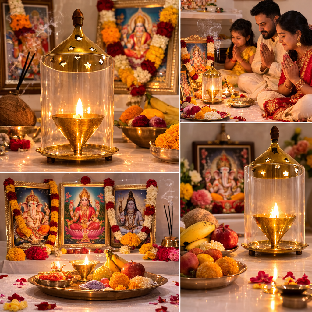 Brass Jyoti Diya Oil / Ghee Lamp with Glass Cover & Lid Traditional Pooja Lamp for Mandir Temple Prayer Room Diwali Decoration Hindu Religious Jyot (Sold Individually, Multiple Sizes)