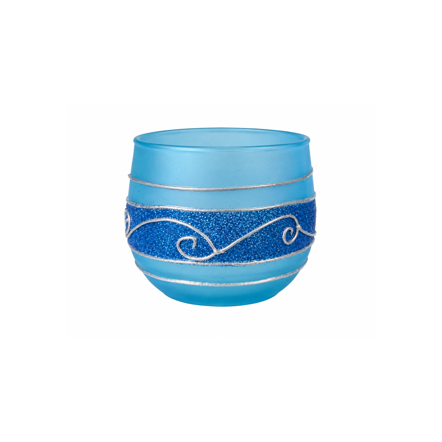 Decorative Blue Glass Wax Candle Diya, 7cm Round Festive Candle for Diwali