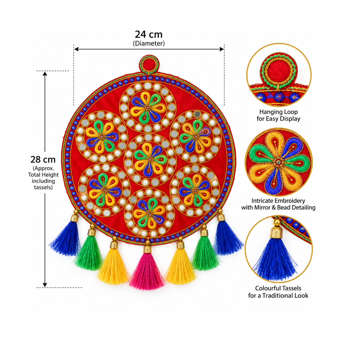Set of 2 Diwali Round Embroidered Hanging Decorations 24cm