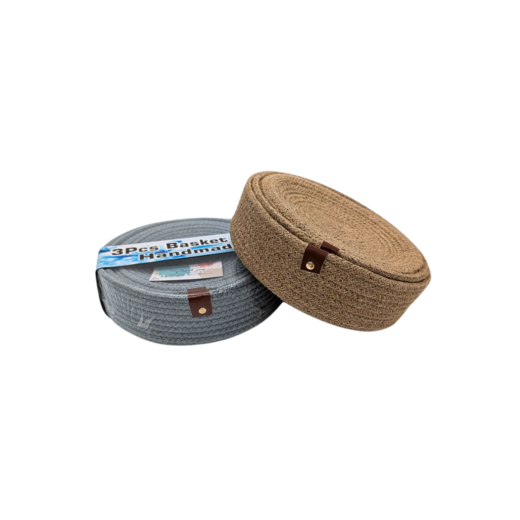 Handmade Jute Basket Set - 3 Pieces, Round, Washable, Available in Grey and Brown