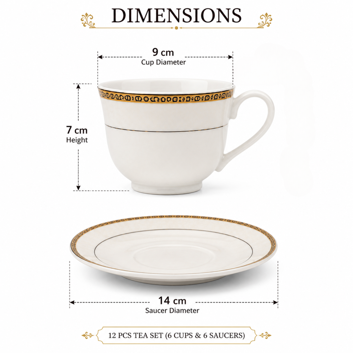 12 Piece Porcelain Tea Set Gold Cream, 6 Tea Cups & 6 Saucers