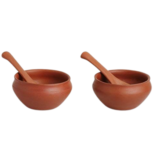 2 x Handmade Earthen Clay Soup Bowls with Spoons 10cm Traditional Serveware