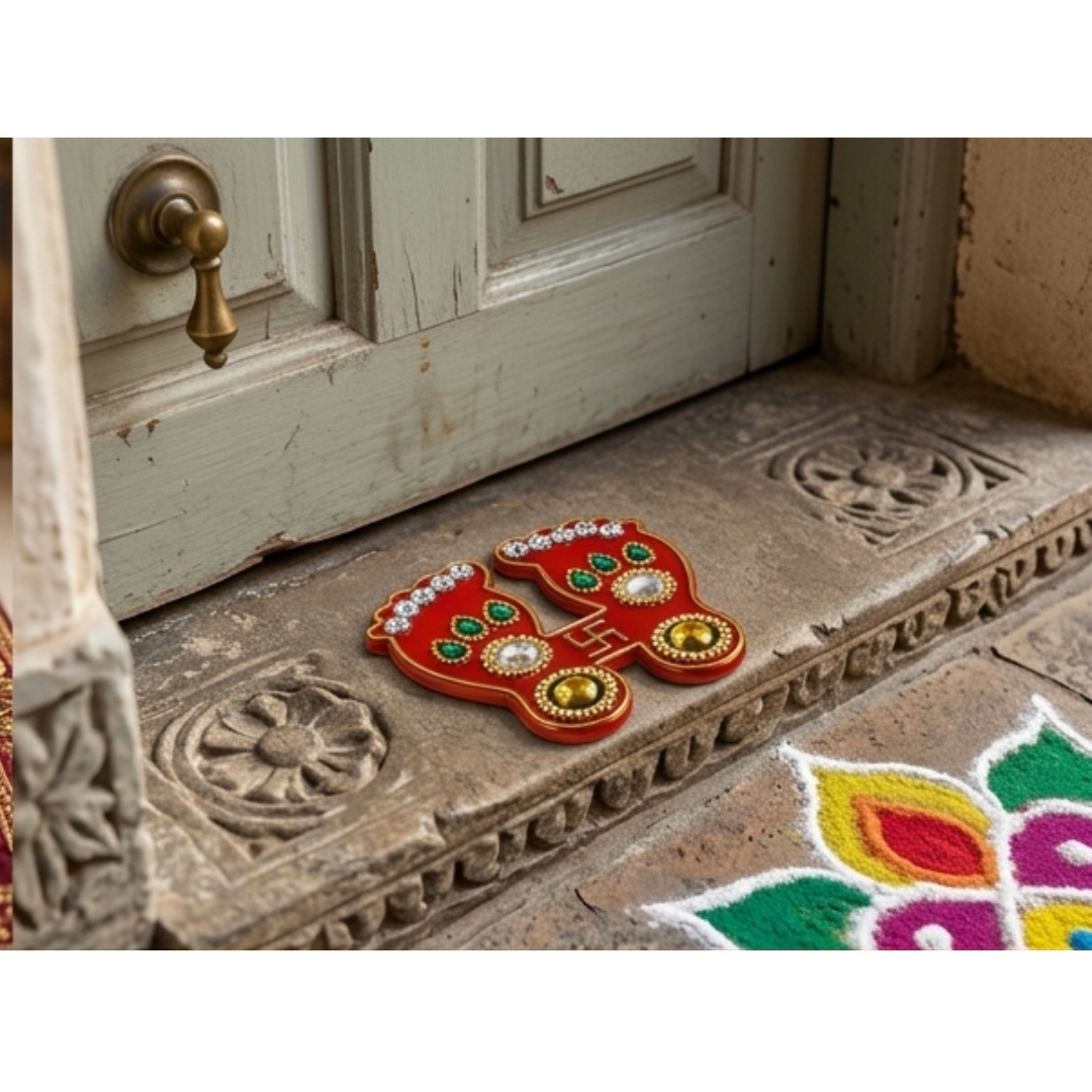 2 X Hindu Decorative Stickers Lakshmi Charan Paduka & Swastik Gold Finish Decor