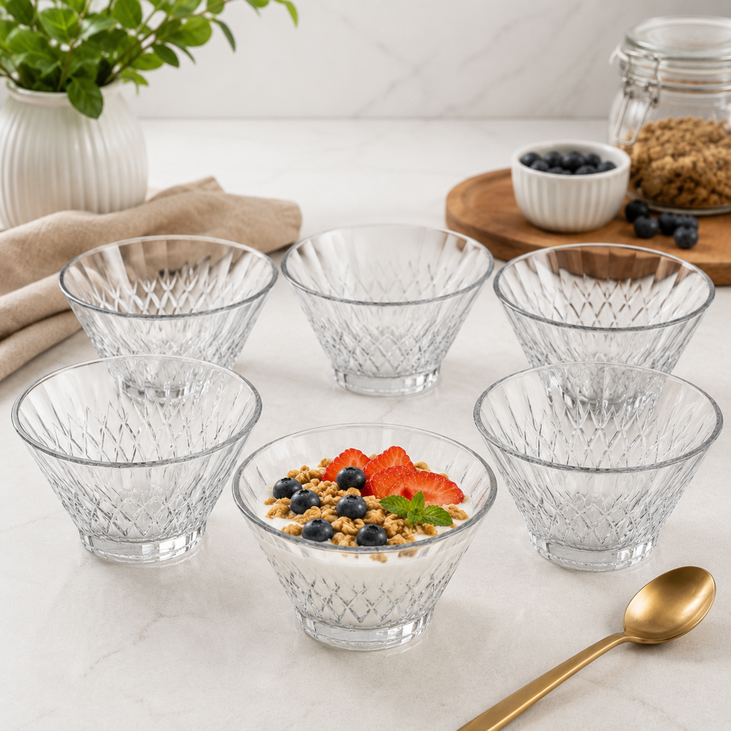 Set of 6 Clear Glass Dessert Bowls 12cm Serving Bowls for Fruit Ice Cream Cereal