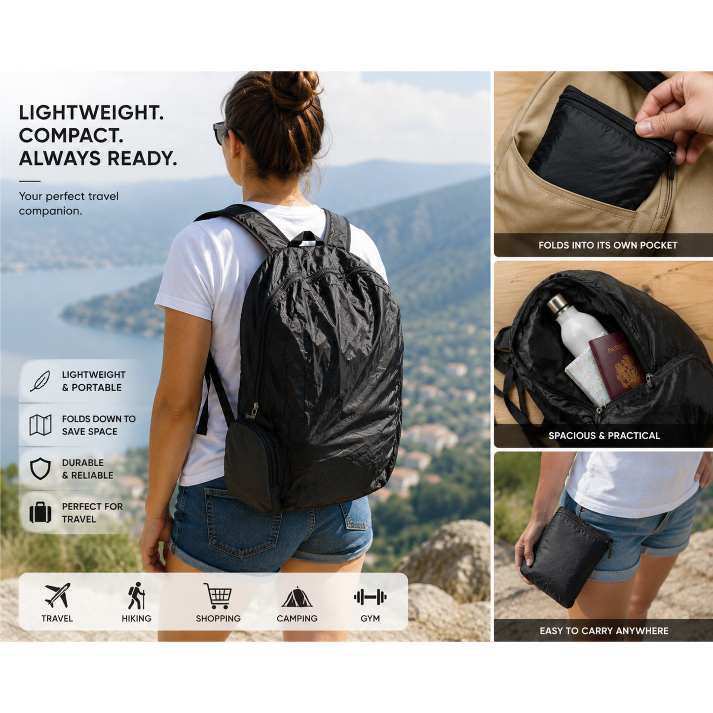 Foldable Backpack Lightweight Travel Rucksack 32 x 42 x 11cm