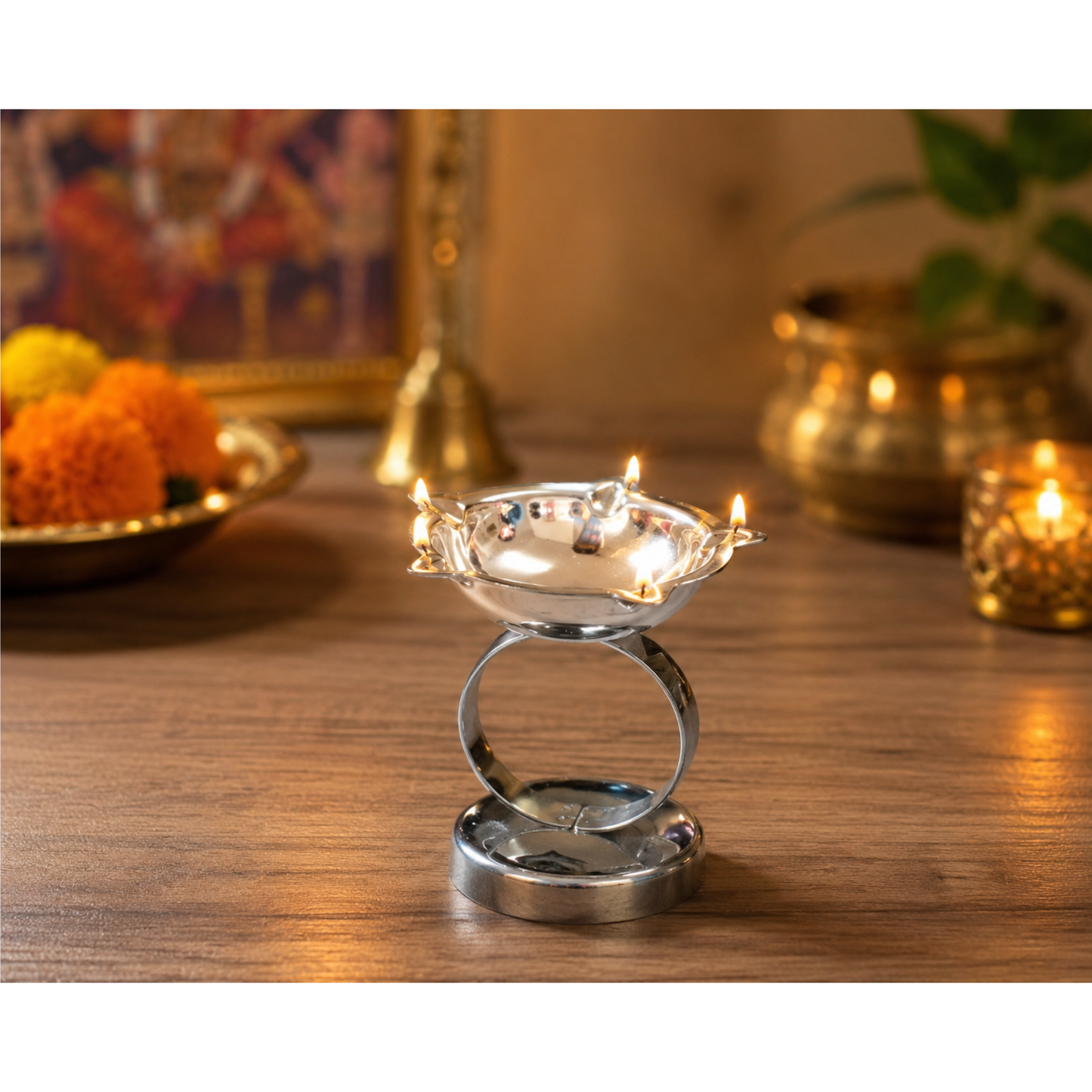 Stainless Steel Five Faced Jyot Oil Lamp Diya with Stand Traditional 6cm x 6.5cm