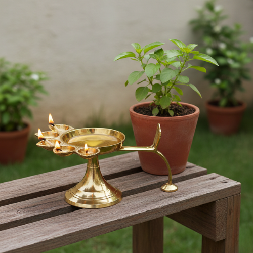 Brass Panchmukhi Aarti Diya Oil Lamp Hindu Pooja Mandir Worship Lamp 9.5cm x 6cm