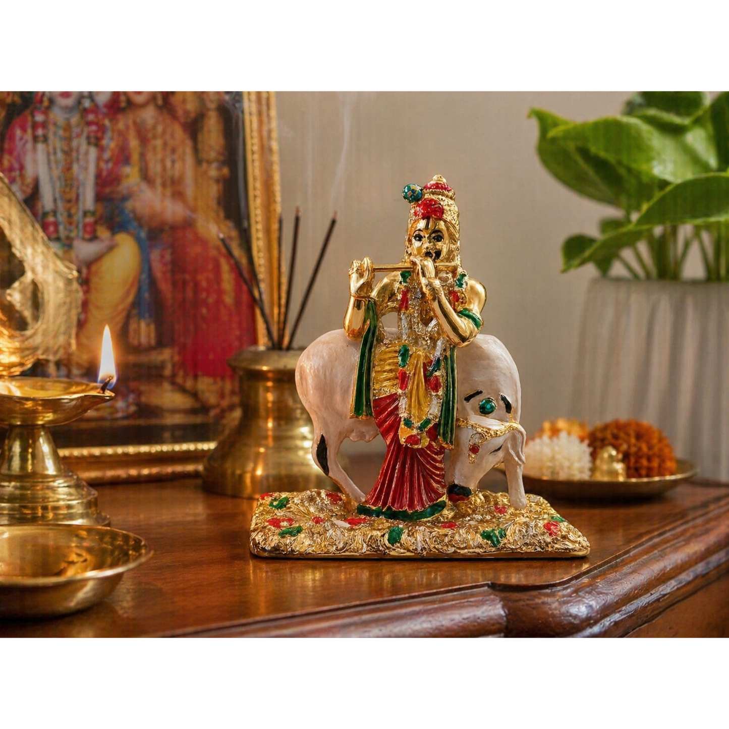 Krishna Statue with Cow Metal Golden Colour Idol Decorative Murti Size 7.5cm x 7