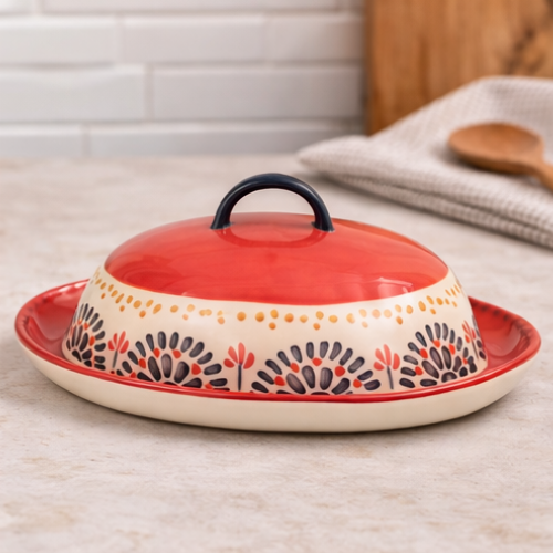Hand Painted Ceramic Oval Butter Dish with Lid for Kitchen 20.5cm X 9cm