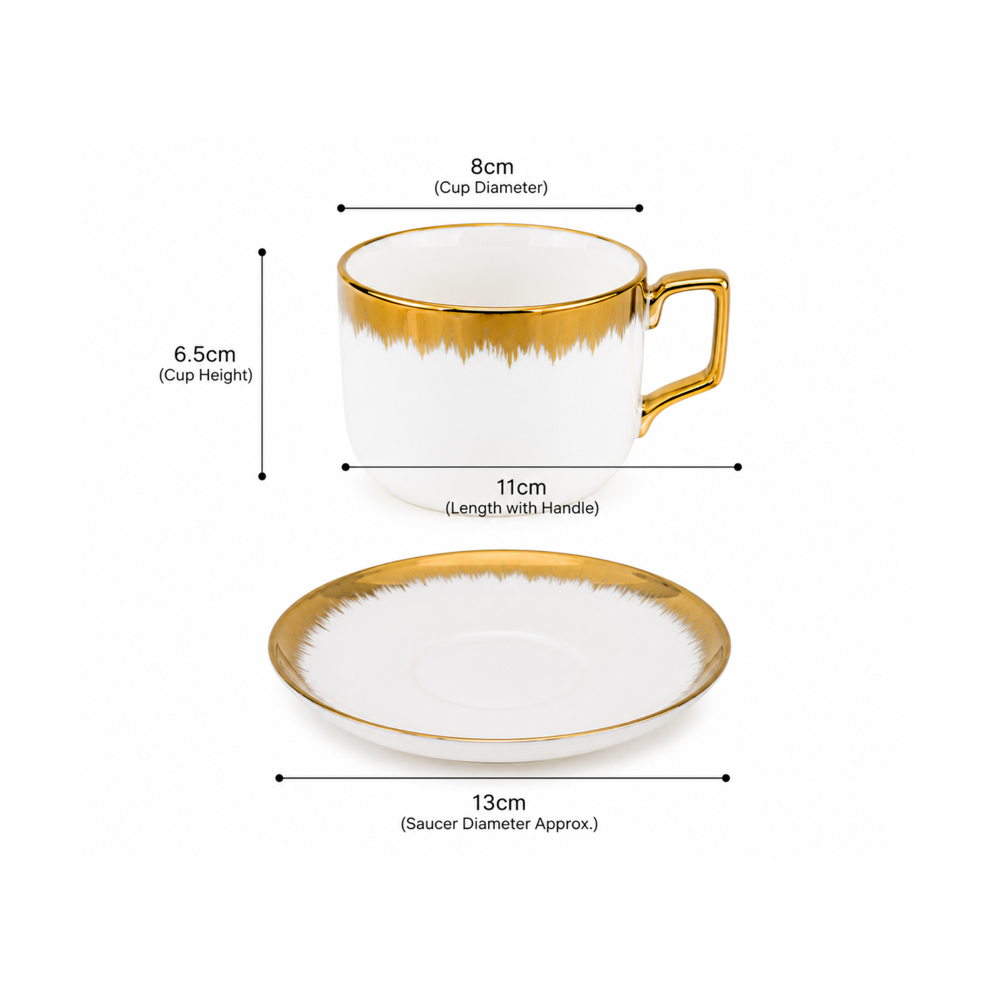 Set of 6 Porcelain Tea Cups and Saucers White with Gold Trim