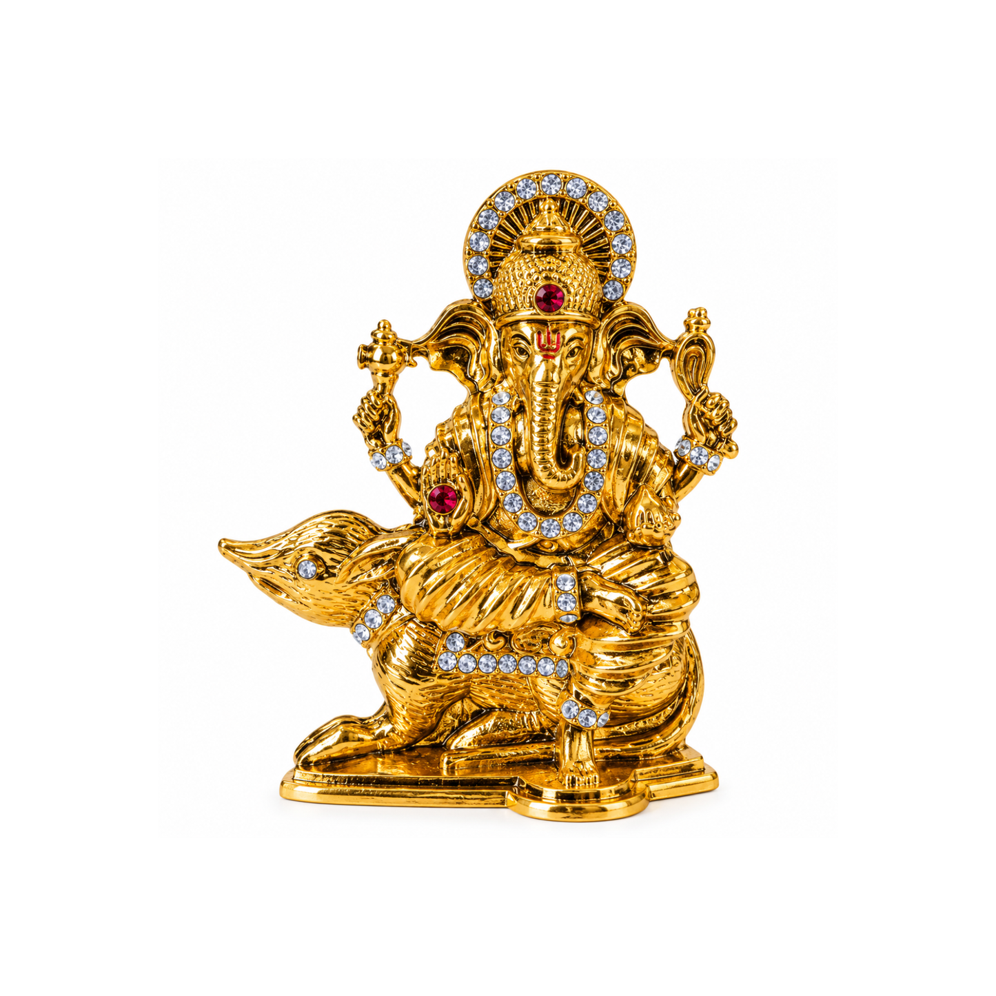 Metal Ganesh Ji Idol on Mouse with Crystal Stone Detailing, Decorative Hindu Ganesha Murti Statue for Car Dashboard