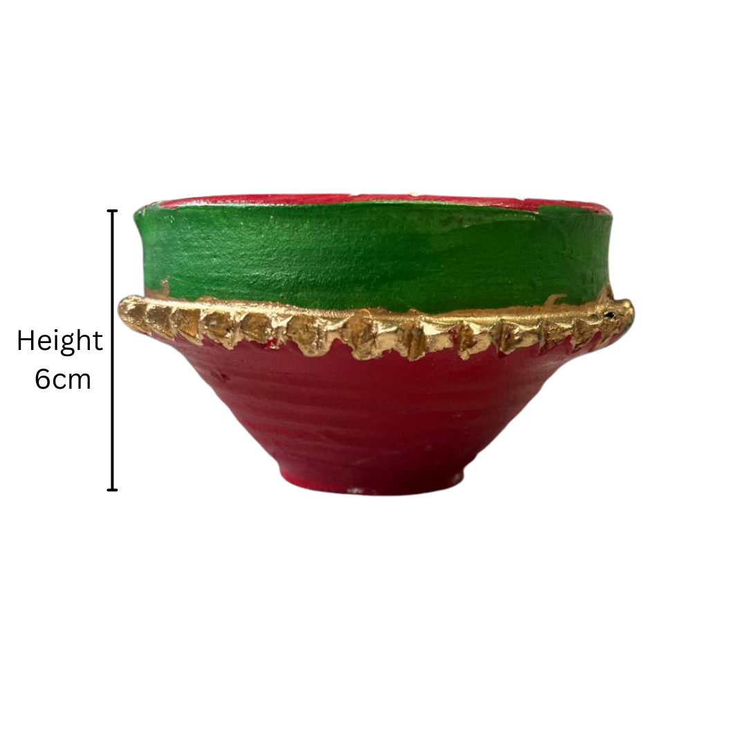 Clay Diya Handmade Painted Red & Green Earthen Oil Lamp for Puja & Diwali