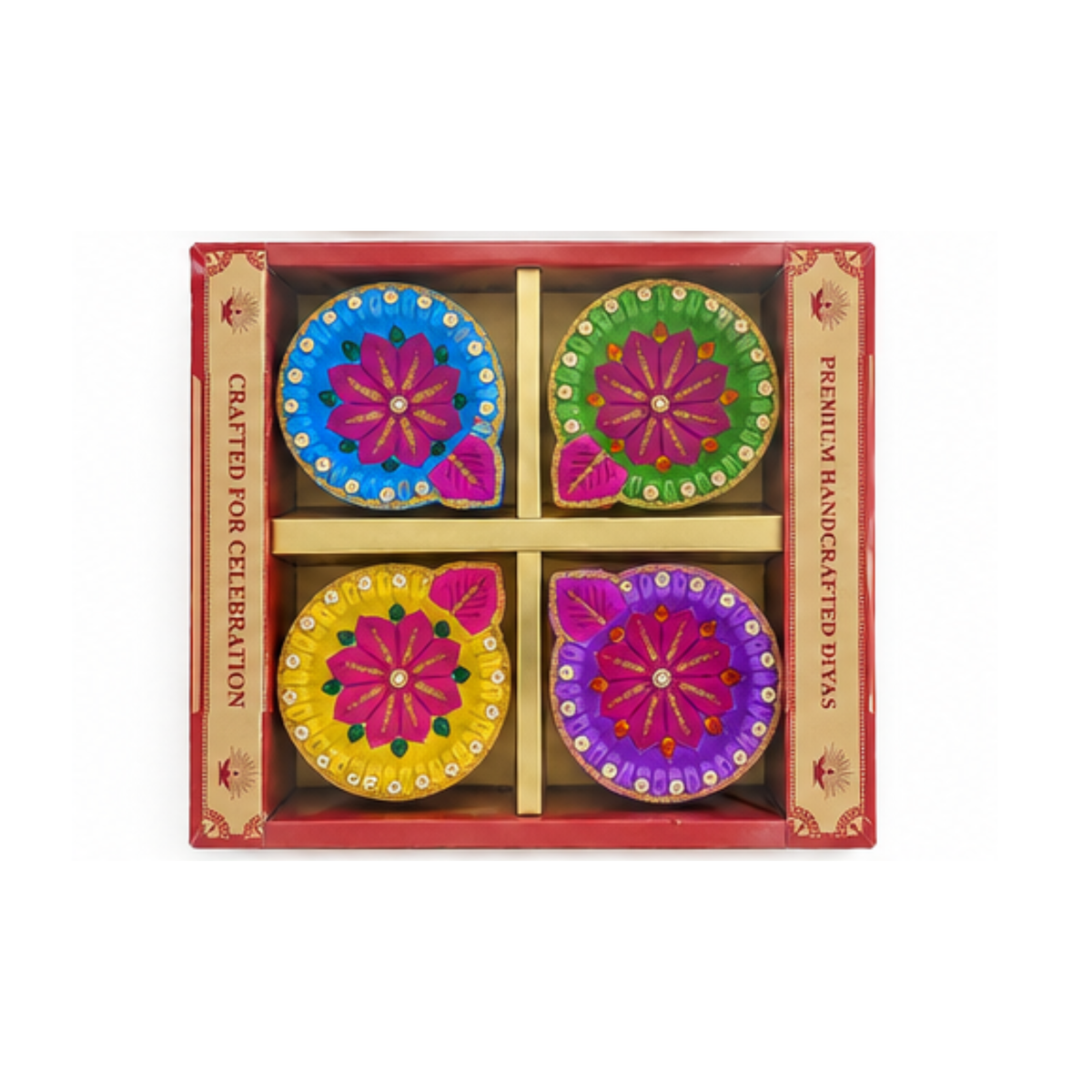 Handmade Clay Diya Set of 4 – Assorted Multicolour Decorative Oil Lamps