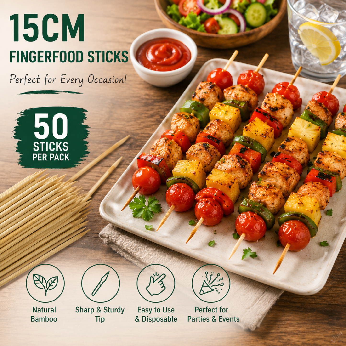 50 x Bamboo Finger Food Sticks 15cm Wooden Skewers Cocktail Picks