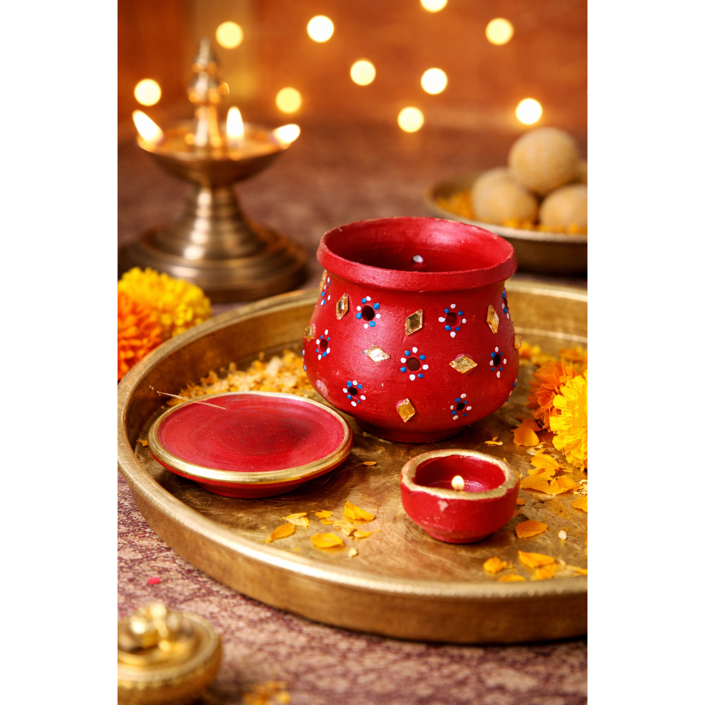 Clay Lota Kalash Garba Pot with Holes Lid & Diya Hand Painted Decorative - 12cm