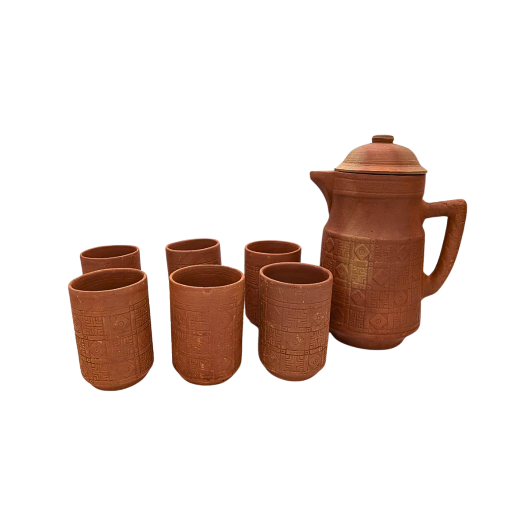 Nuovo Clay Jug and Glass Set – 1 Jug & 6 Glasses (Handcrafted, Natural Variations)