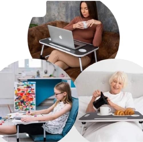 Folding Mini Table with Lock-Out Steel Legs, Foldable Laptop Table, Portable Lap Desk Bed Tray Stand with Cup Holder, Tablet Slot & Lift Handle for Work, Writing, Drawing – Black (60×40×27cm)