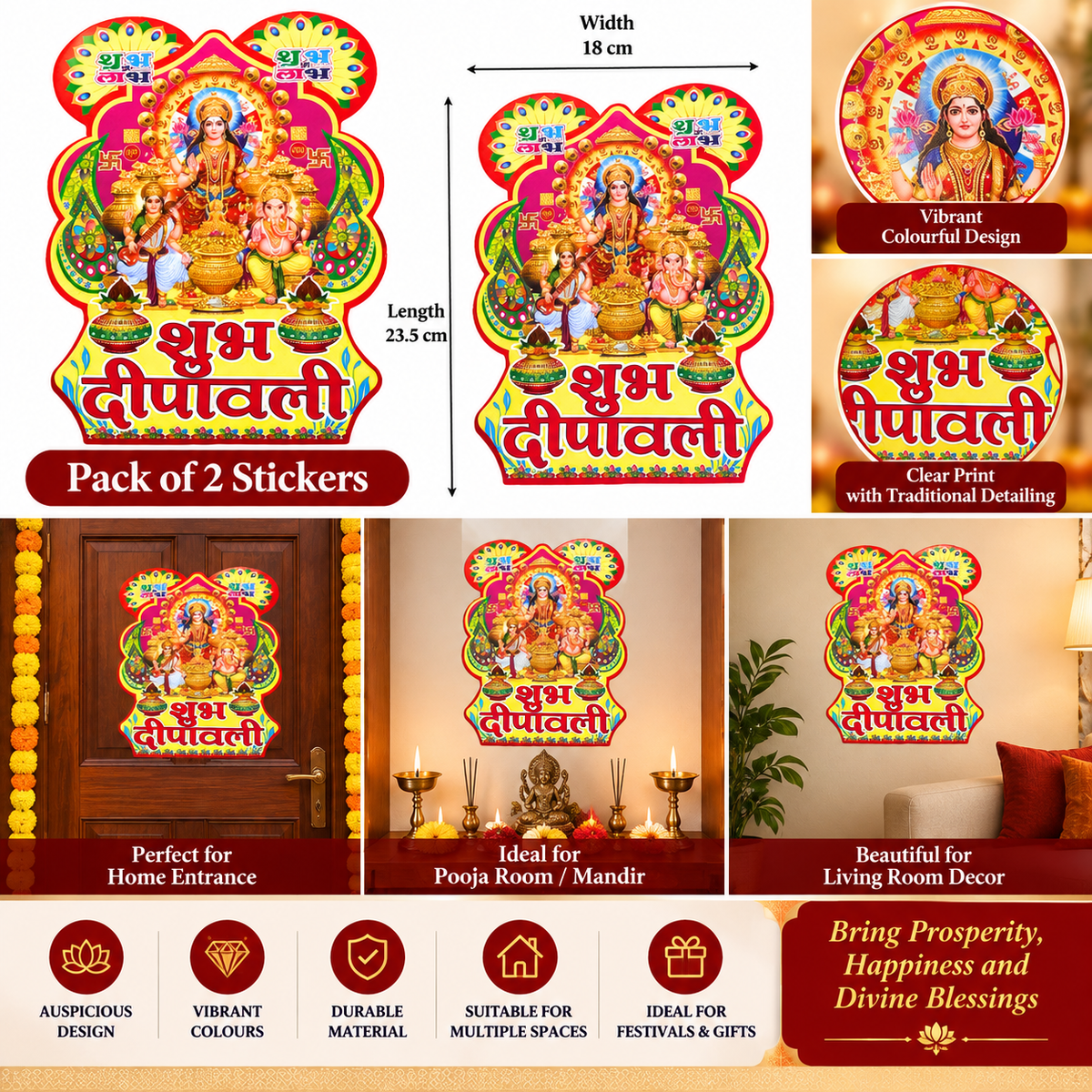 2 x Shubh Deepawali Stickers Lakshmi Mata Ganesh Ji Sarasvati Mata Ji Diwali 23.5x18cm