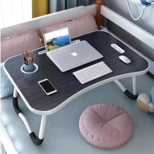 Folding Mini Table with Lock-Out Steel Legs, Foldable Laptop Table, Portable Lap Desk Bed Tray Stand with Cup Holder, Tablet Slot & Lift Handle for Work, Writing, Drawing – Black (60×40×27cm)