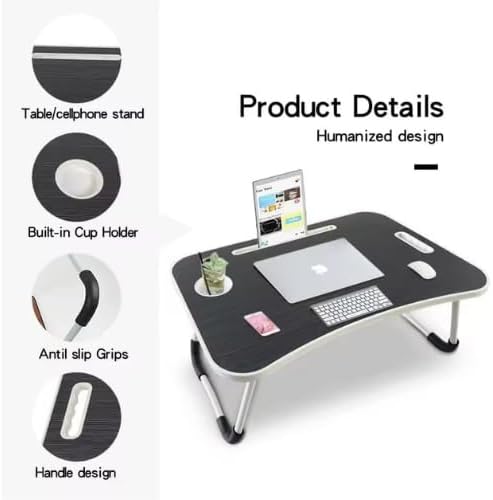 Folding Mini Table with Lock-Out Steel Legs, Foldable Laptop Table, Portable Lap Desk Bed Tray Stand with Cup Holder, Tablet Slot & Lift Handle for Work, Writing, Drawing – Black (60×40×27cm)