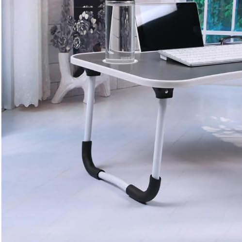 Folding Mini Table with Lock-Out Steel Legs, Foldable Laptop Table, Portable Lap Desk Bed Tray Stand with Cup Holder, Tablet Slot & Lift Handle for Work, Writing, Drawing – Black (60×40×27cm)