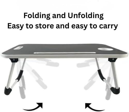 Folding Mini Table with Lock-Out Steel Legs, Foldable Laptop Table, Portable Lap Desk Bed Tray Stand with Cup Holder, Tablet Slot & Lift Handle for Work, Writing, Drawing – Black (60×40×27cm)