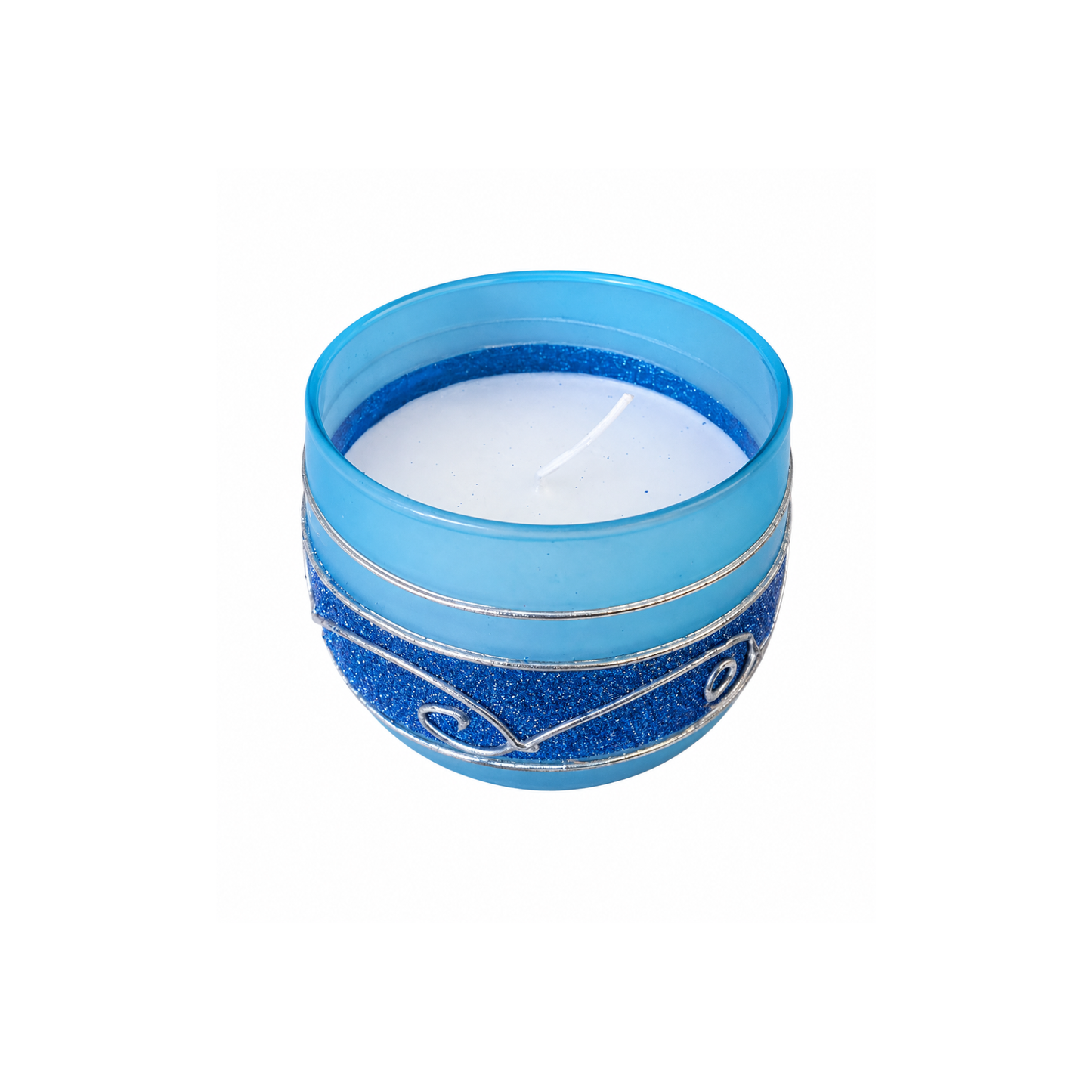 Decorative Blue Glass Wax Candle Diya, 7cm Round Festive Candle for Diwali