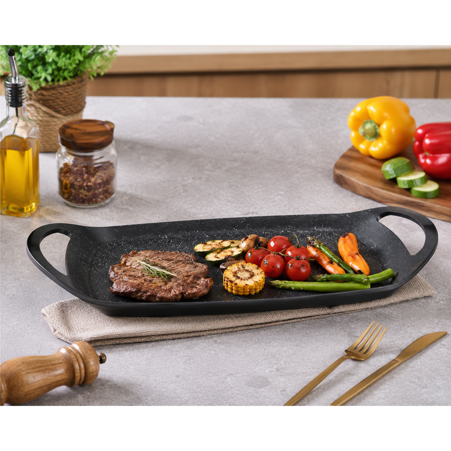 Non Stick Grill Plate 47cm White Dot Design Serving Tray with Handles