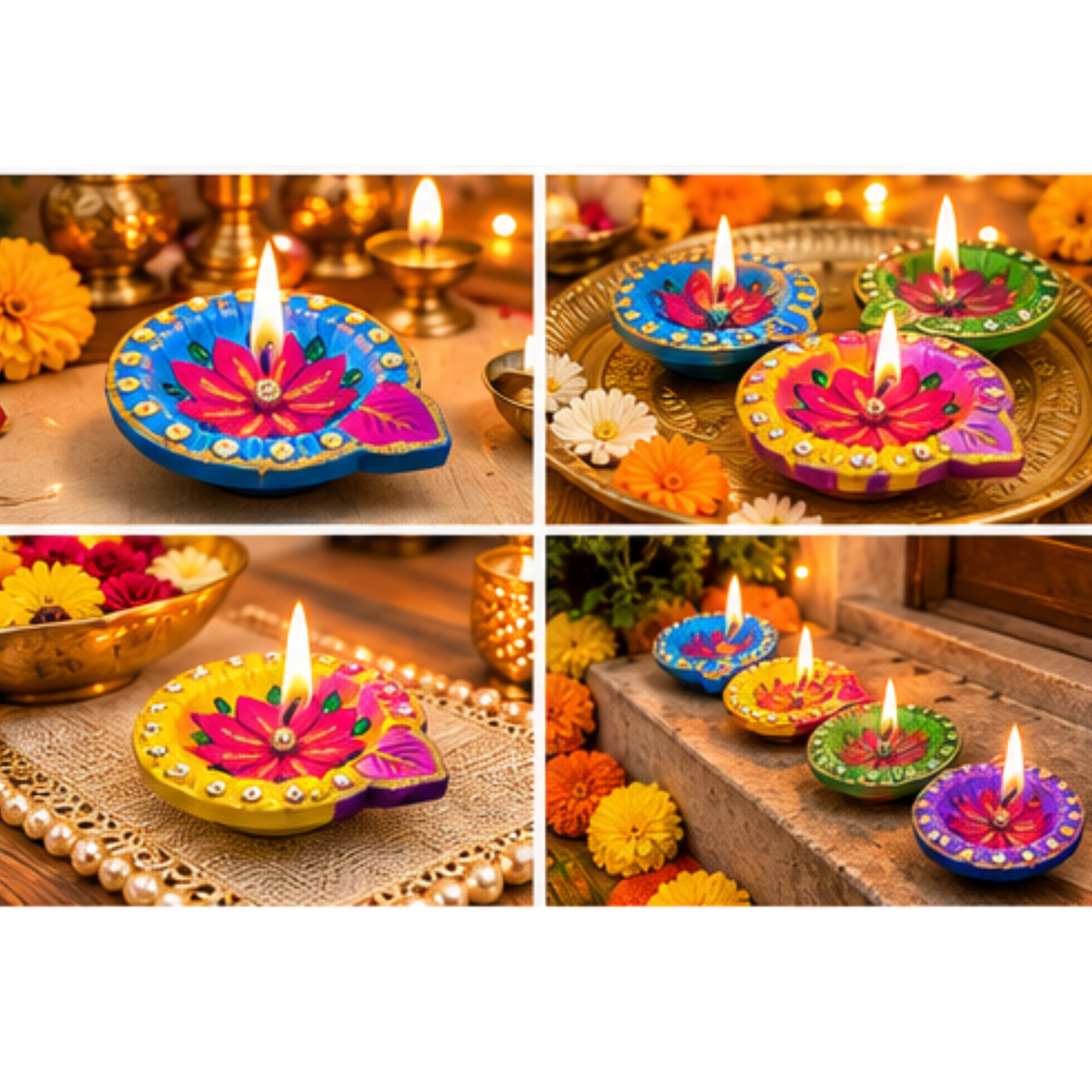 Handmade Clay Diya Set of 4 – Assorted Multicolour Decorative Oil Lamps